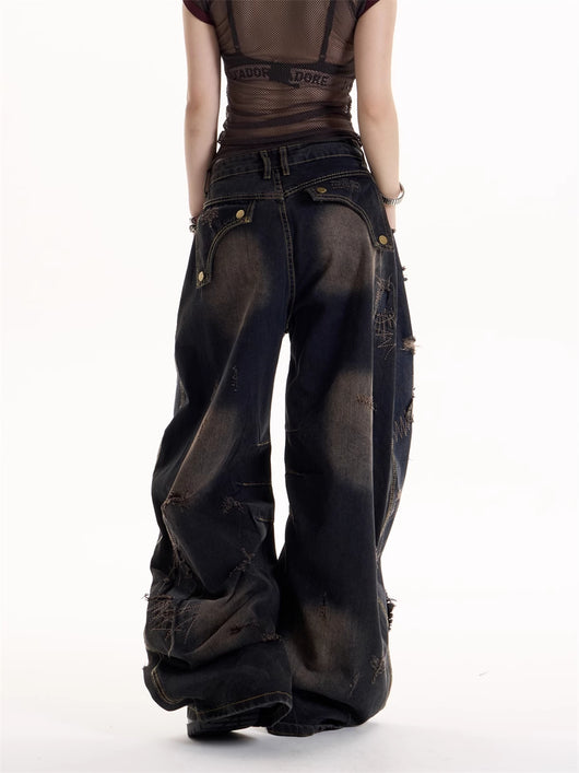 Jeans Rotos Tie-Dye Negro Estilo Retro Hot Girl - Image 3