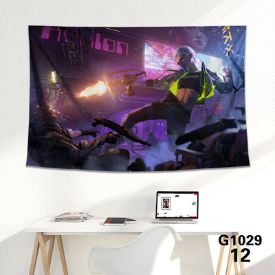 Cyberpunk 2077 tapestry featuring V and Jackie Welles with a neon-lit futuristic city skyline background. - Image 5