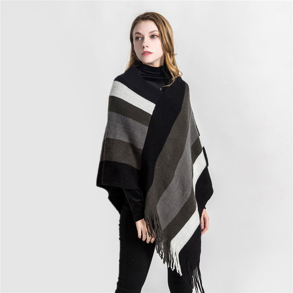Chal de Cachemira con Flecos y Diseño Rayado