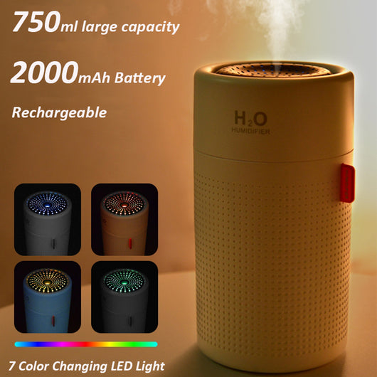 White cylindrical USB rechargeable wireless ultrasonic aromatherapy water mist diffuser lamp with H₂O HUMIDIFIER text. - Image 6