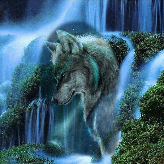 Kit Completo de Pintura de Diamantes 5D - Lobo en Cascada con Cristales de Mosaico