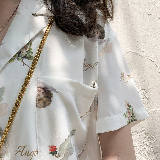 Blusa Retro Escote V Manga Corta en Gasa - Image 4