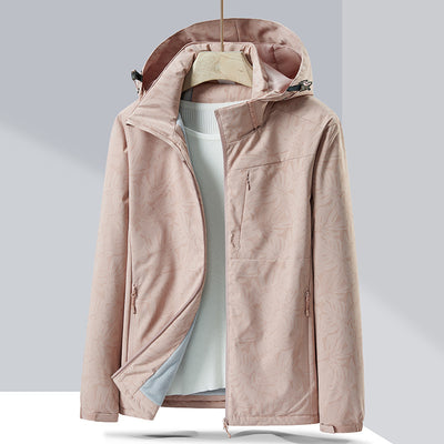 Lavender windproof sports jacket with a hood, full zipper, and fleece lining, shown on a hanger. - Image 20