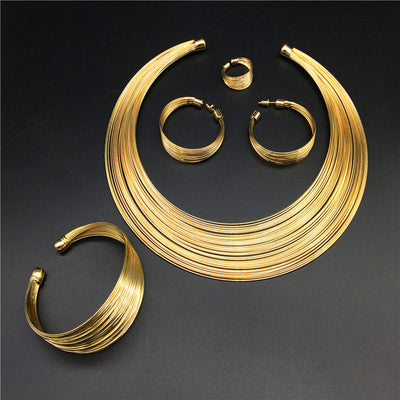 Silver-tone multi-strand choker necklace, hoop earrings, cuff bracelet, and ring set on a black mannequin. - Image 3
