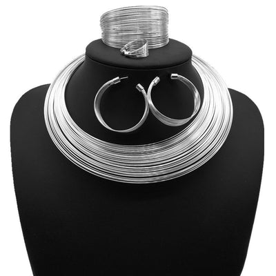 Silver-tone multi-strand choker necklace, hoop earrings, cuff bracelet, and ring set on a black mannequin. - Image 5