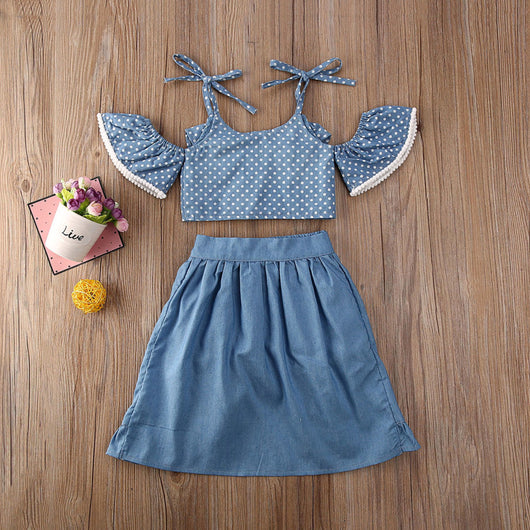Conjunto de 3 Piezas: Short Denim con Lunares, Top Sling y Falda Corta - Image 3
