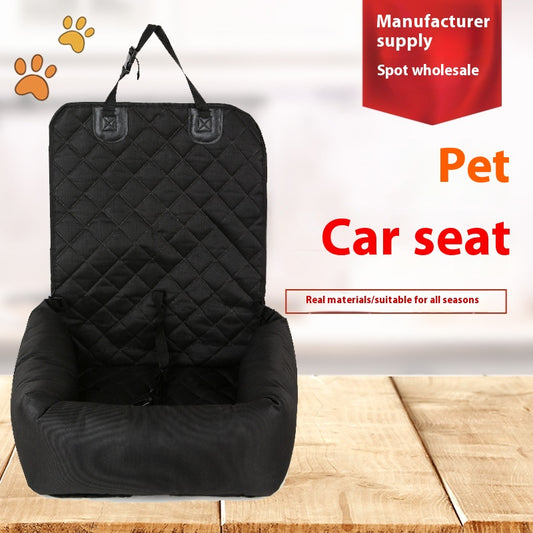 Brown and white patterned pet car seat with black trim and handles, designed for comfortable and secure pet travel.
