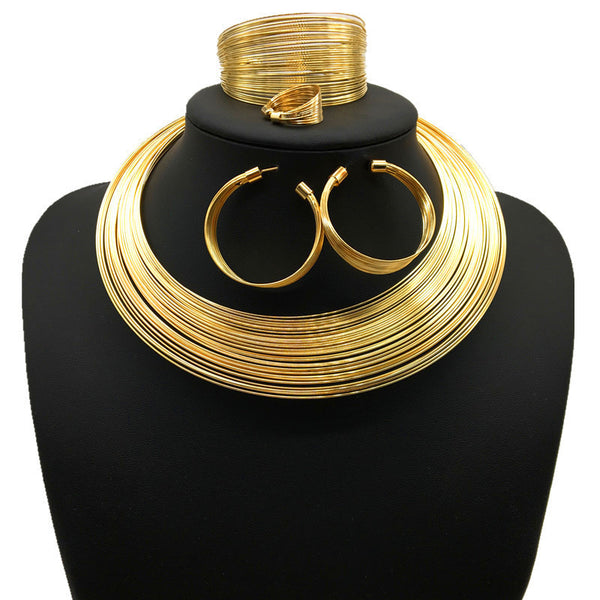 Silver-tone multi-strand choker necklace, hoop earrings, cuff bracelet, and ring set on a black mannequin. - Image 4