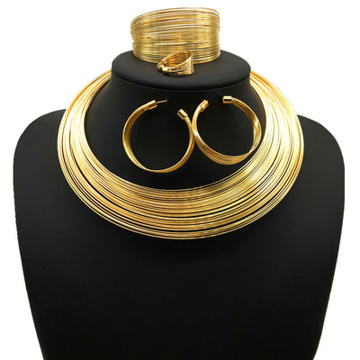 Silver-tone multi-strand choker necklace, hoop earrings, cuff bracelet, and ring set on a black mannequin. - Image 4