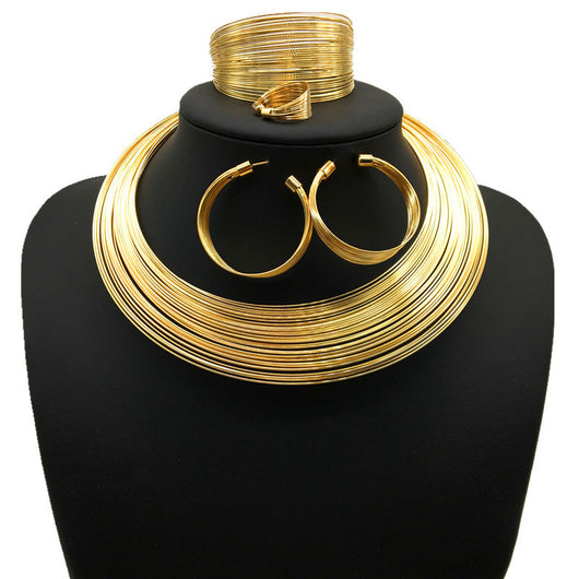Silver-tone multi-strand choker necklace, hoop earrings, cuff bracelet, and ring set on a black mannequin. - Image 4
