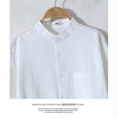 Camisa de Lino Suelta Manga Larga Cuello Redondo para Hombre - Image 9