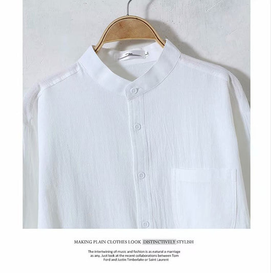 Camisa de Lino Suelta Manga Larga Cuello Redondo para Hombre - Image 9