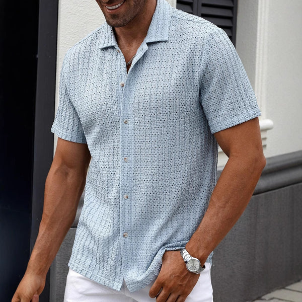 Camisa Casual de Rayas para Hombre con Cuello Solapa y Manga Corta