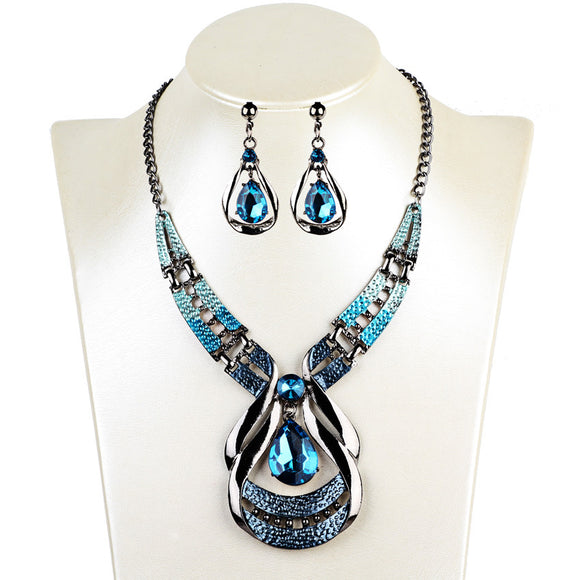 Conjunto de Joyas Vintage Azul Óleo - Collar Gota de Agua con Aretes y Cadena de Clavícula