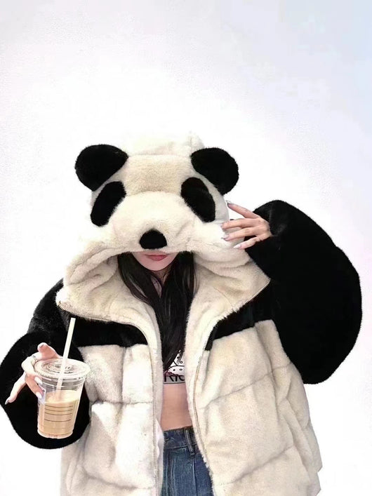 Chaqueta Acolchada Vintage Panda Suelta con Capucha para Mujer - Image 10