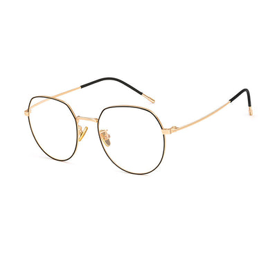 Silver metal anti-blue light glasses with rounded hexagonal clear lenses and black temple tips on a white background. - Image 6