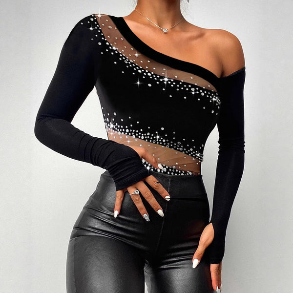 Blusa Manga Larga con Malla Transparente y Costuras Decorativas