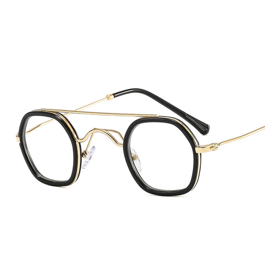 Green hexagonal frame sunglasses with blue to peach gradient lenses and gold-tone double bridge and temples. - Image 10
