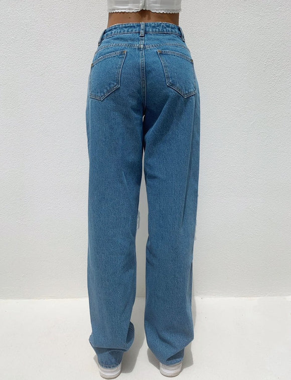 Jeans Folgados de Cintura Alta Rasgados - Estilo Europeu Moderno
