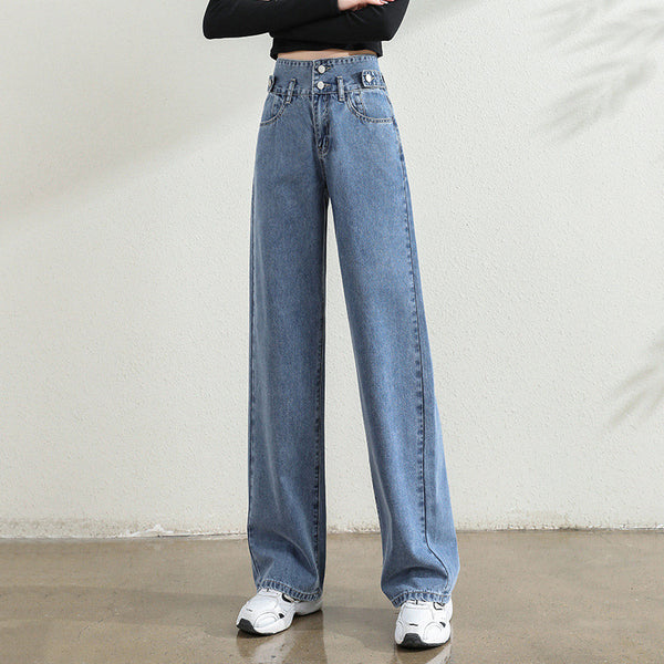 Jeans Rectos Cintura Alta Doble Botonadura para Mujer