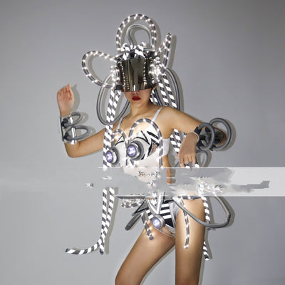 Traje de Rendimiento Cyberpunk con LED Luminoso Plateado - Image 9