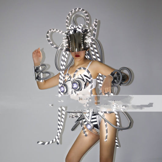 Traje de Rendimiento Cyberpunk con LED Luminoso Plateado - Image 9