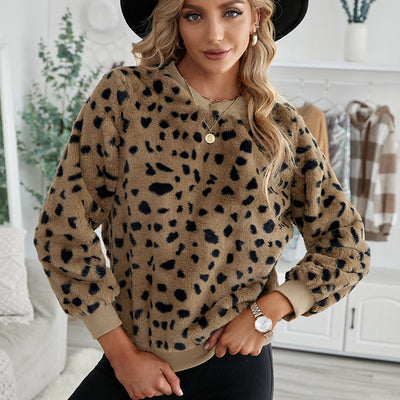 Suéter Esponjoso Estampado Leopardo Cuello Redondo para Mujer - Image 3
