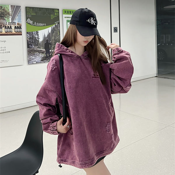 Sudadera Hoodie Denim Desgastada Estilo Punk con Capucha
