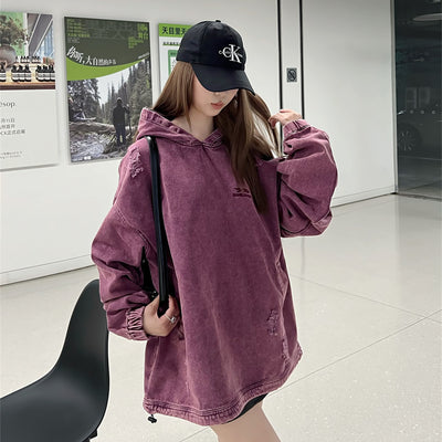 Sudadera Hoodie Denim Desgastada Estilo Punk con Capucha