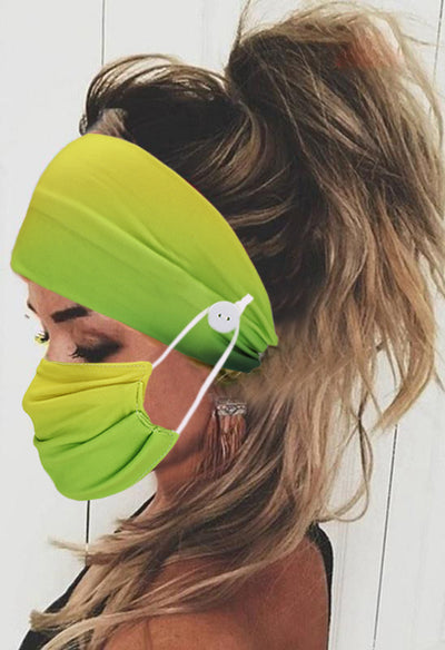 Gradient orange and yellow headband with buttons for attaching a matching pleated face mask, modeled by a woman. - Image 5