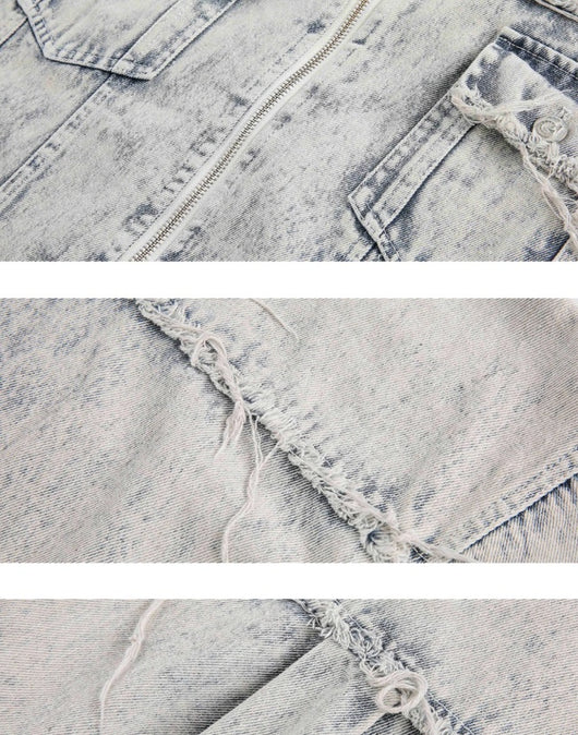 Camisa Denim Retro Desteñida con Mangas Cortas y Bordes Deshilachados - Image 7
