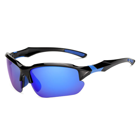 Black sports sunglasses with blue polarized lenses, shown from a front view and a three-quarter side view. - Image 9