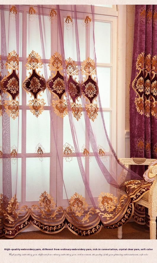 Purple chenille velvet curtains with gold embroidery, tied back to reveal a sheer embroidered curtain behind. - Image 12