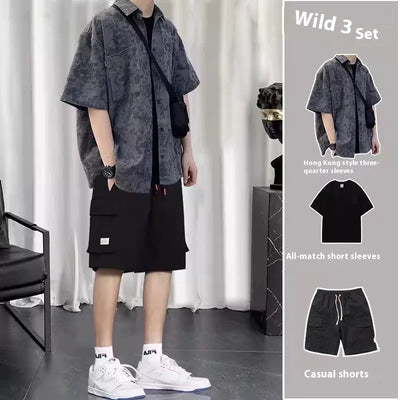 Conjunto de Tres Piezas Estilo Hong Kong - Camisa, Abrigo y Pantalones Cortos - Image 6