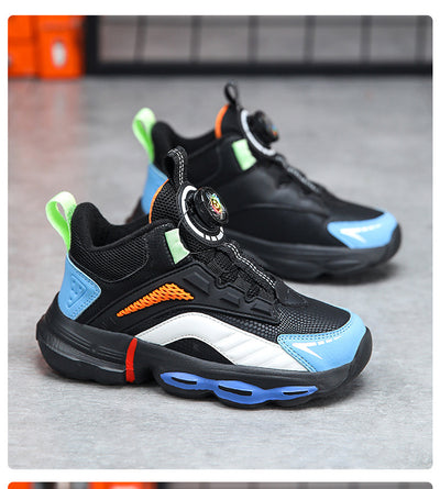 Black, white, and neon green children's basketball shoes with rotating buckle closure, featuring a mid-top design. - Image 32