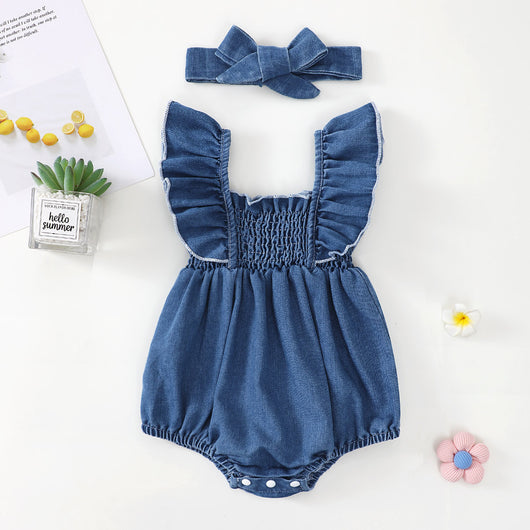 Conjunto Dos Piezas: Romper Denim con Volantes y Pañoleta