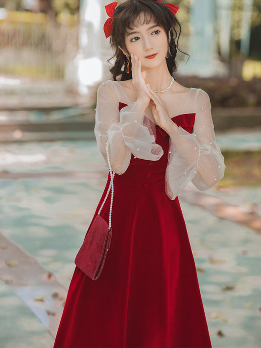 Vestido de Terciopelo Rojo Manga Larga para Compromisos y Eventos - Image 2