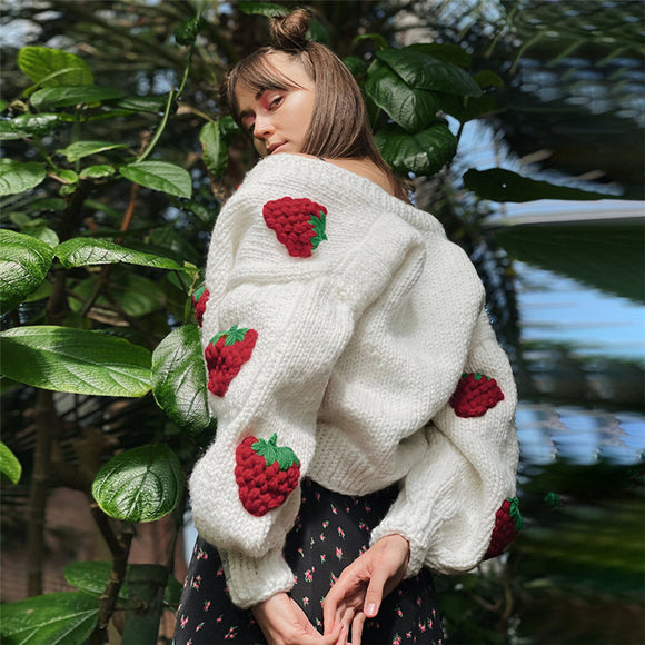 Cardigan Suelto con Fresa Cute para Mujer - Escote en V