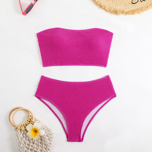 Blue high-waisted bikini set with a textured bandeau top and high-cut bottoms, laid flat on white. - Image 9