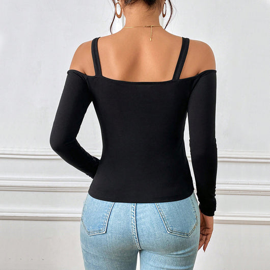Blusa Sexy Tirantes Metálicos Hombro Descubierto Manga Larga - Image 3