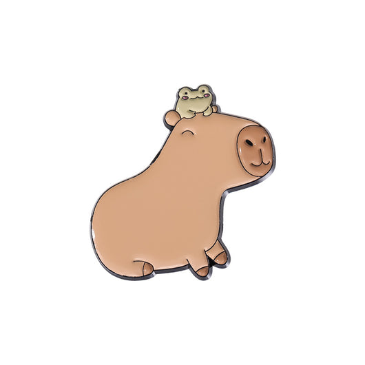 Cute capybara enamel brooch wearing a pink donut with sprinkles and "DONUT WORRY BE CAPPY" text. - Image 13