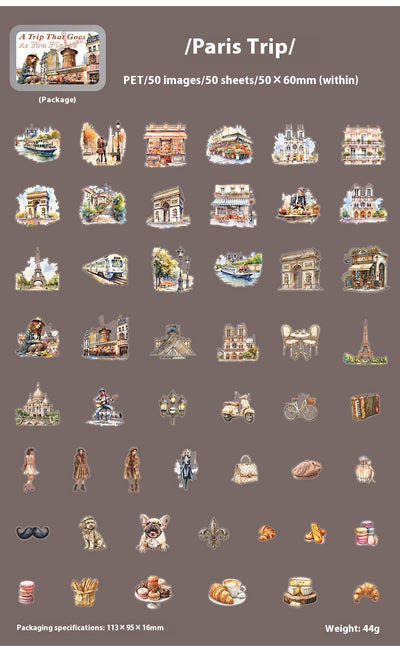 Set of 50 PET stickers featuring watercolor illustrations of a Greece tour, including buildings, landscapes, and food. - Image 15