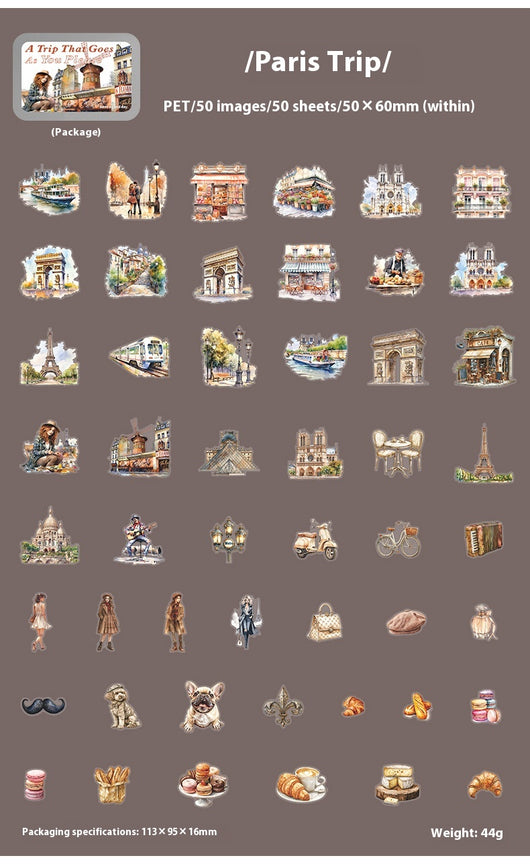 Set of 50 PET stickers featuring watercolor illustrations of a Greece tour, including buildings, landscapes, and food. - Image 15