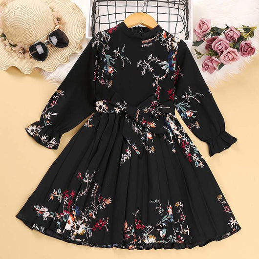 Vestido Niña Manga Larga Flores Retro Plisado - Image 10
