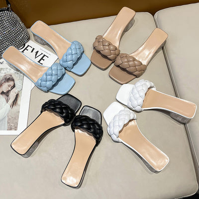 Pantuflas Tejidas de Punta Cuadrada con Tacón de Bloque Bajo - Image 3