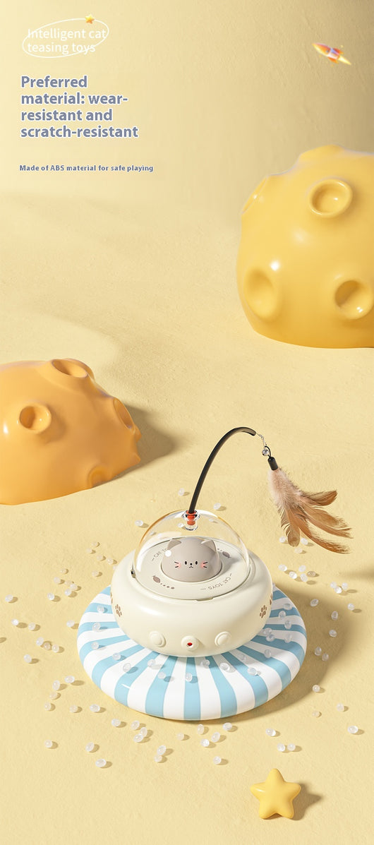 Pink electric UFO cat teaser toy with a clear dome, a cute pink cat head, and a feather wand with a bell. - Image 12