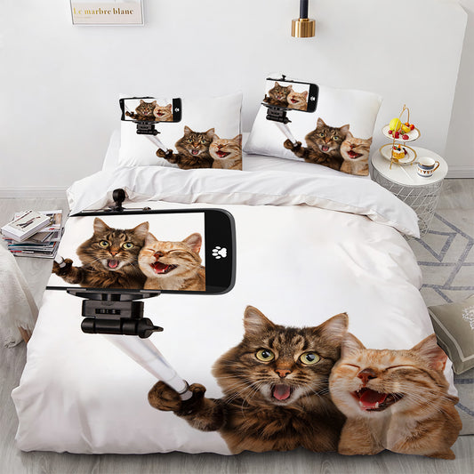 Juego de Cama Blanco con Diseño de Gato Adorable para Dormitorio de Chicas