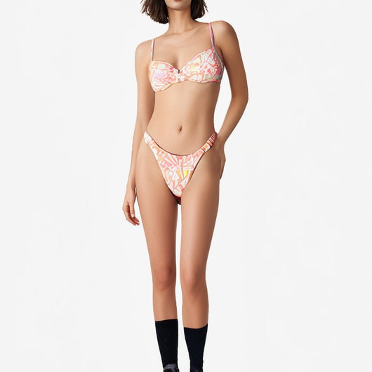 Women's split bikini swimsuit with a colorful abstract pattern, featuring a balconette top and high-cut bottom. - Image 2