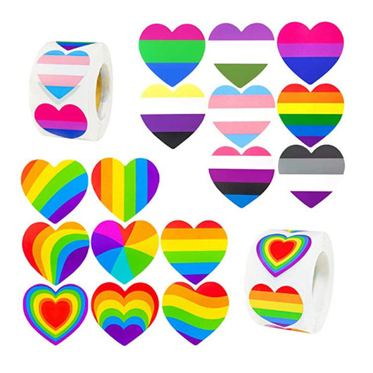 Roll of heart-shaped stickers featuring the Progress Pride flag design with rainbow and chevron stripes. - Image 24