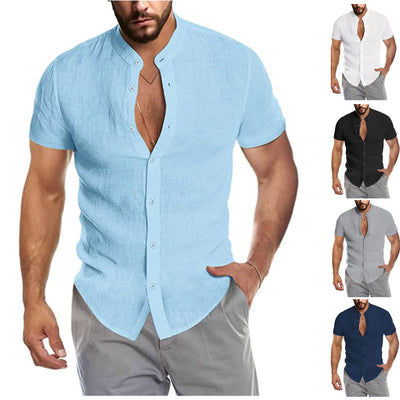 Camisa Cardigan de Lino con Cuello Alto y Manga Corta para Hombre - Image 8